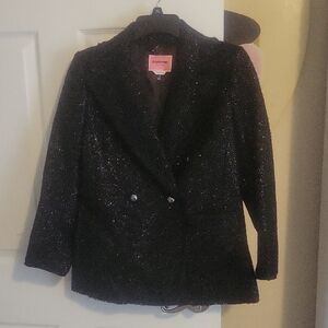 Kate Spade Sz0 Elegant Black Glitter Button Down Wool Blazer Front pockets NWOT